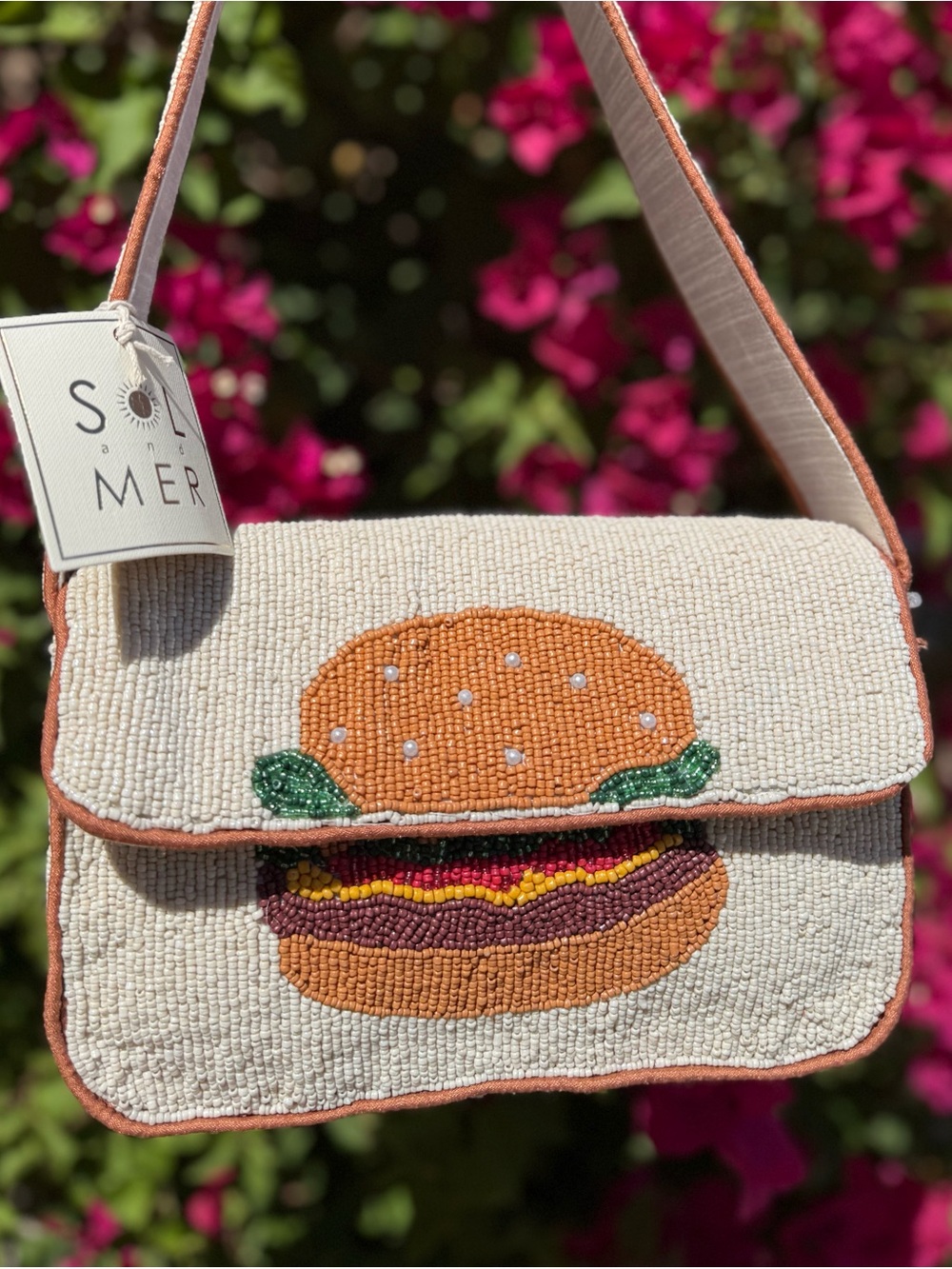 NWT Sol and Mer Cheeseburger Burger Hamburger White Orange Beaded Shoulder Bag